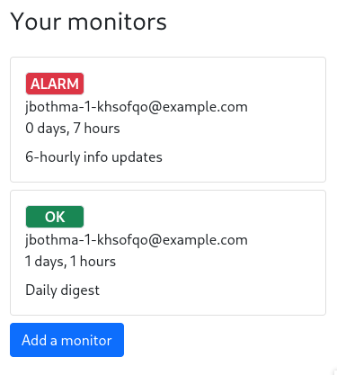 Screenshot of the monitors list demonstrating one in ALARM state and one in OK state..
