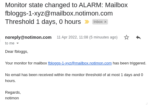 Screenshot of a notification email warning that a mailbox monitor in the Alarm state.